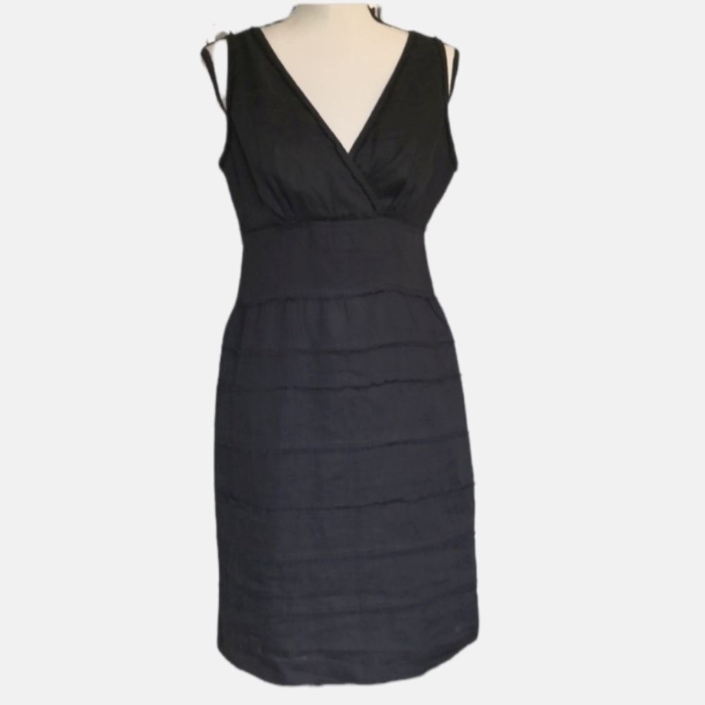 TALBOTS Dress 6 P  linen black tiered fringed vee neck sleeveless black Shift